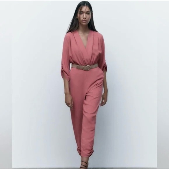 ZARA Belted Wrap Effect Jumpsuit in Mauve Pink WOMEN'S Size small - Picture 1 of 13
